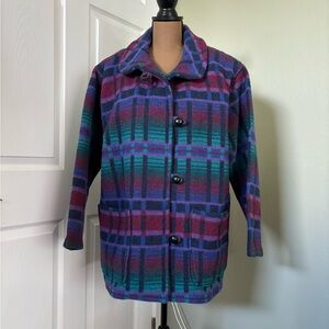 L.L. Bean vintage Aztec large plaid wool coat with a purple, blue, and green hue